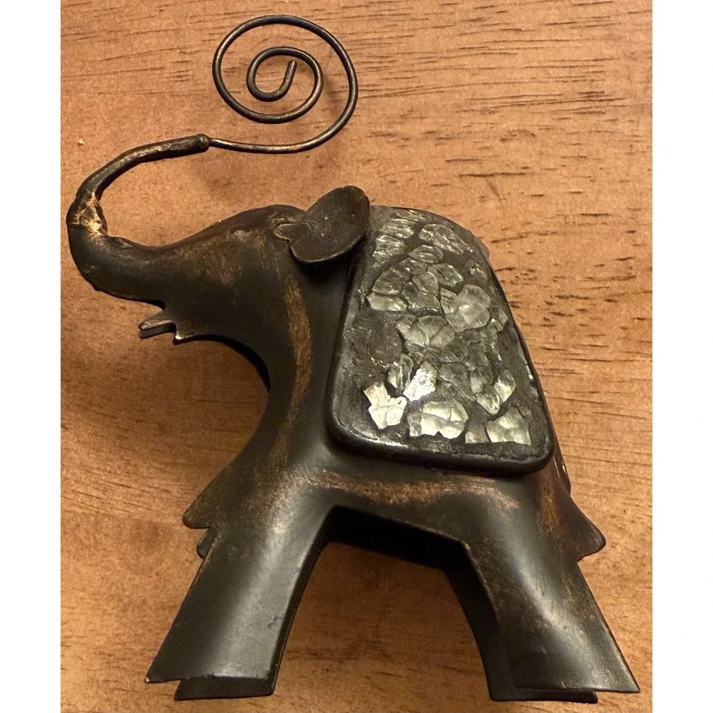 Vintage Metal Elephant With Glass Picture‎ Holder Note Card Photo Ornate Animal